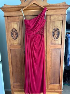 David's Bridal One-Shoulder Red Evening Gown